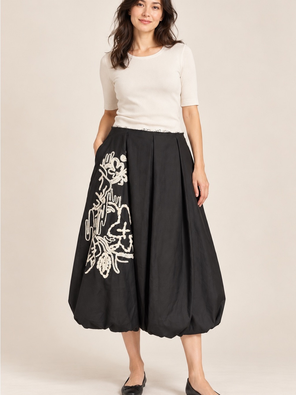 Zara Black Midi Balloon Skirt with Cream Embroidery